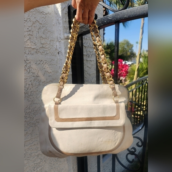 Marc Jacobs Chain Strap White Shoulder Bag Large Satchel Gold Logo Plate Leather - Picture 6 of 10